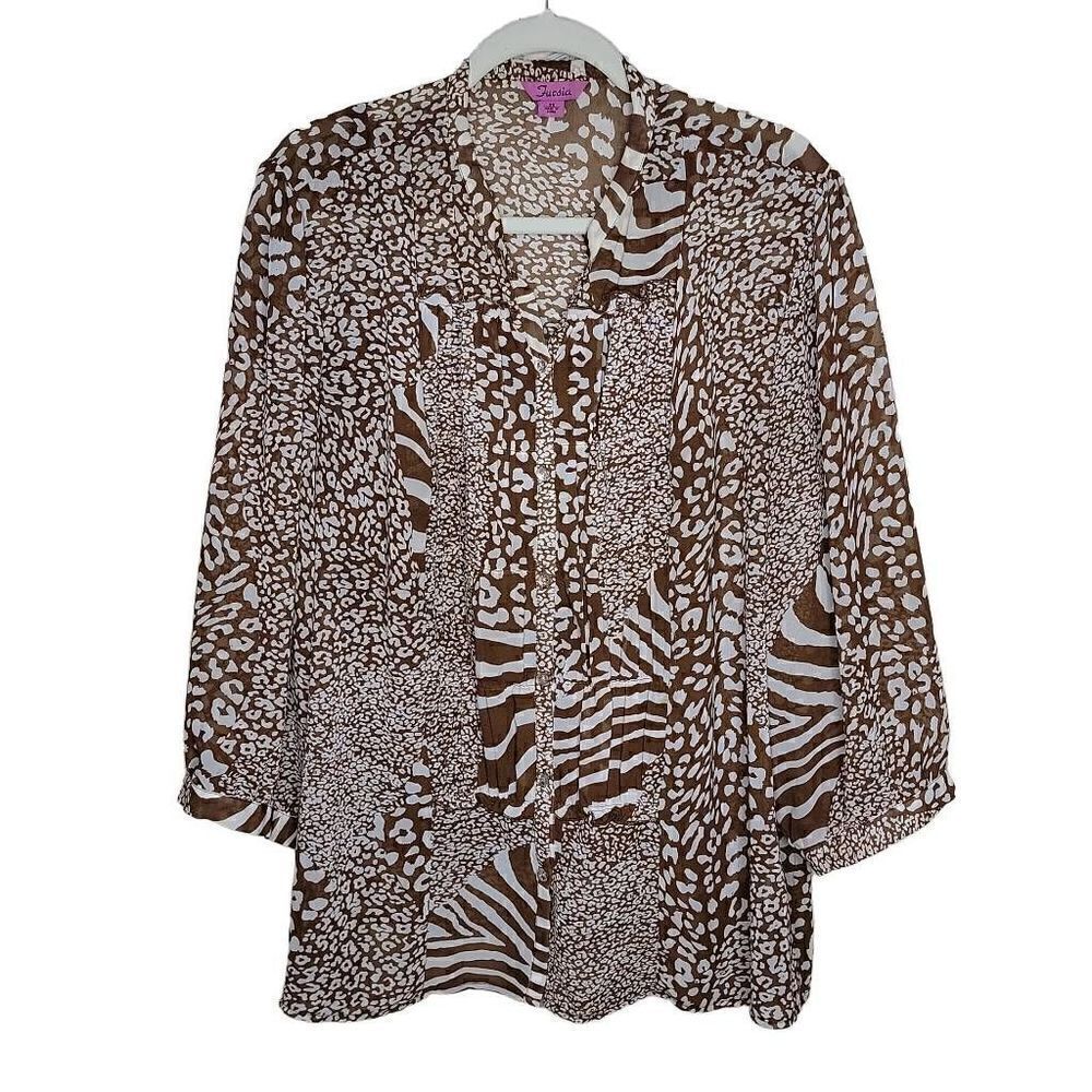 Fucsia Animal Print Long Sleeve Blouse and Shell Set Brown White 2X